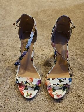 Floral Ankle-Strap Heels in White with Multicolor Rose Print